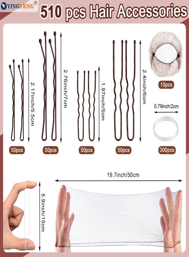 YINGFENG 510PCS Brown Bobby Pins Hair Pins Kit with Hair Net, YINGFENG Includes 100 Bobby Pins for Women, 100 U-Shaped Buns Hair Clips, 300 Hair Bands and 10 Brown Hair Nets, Dance competition must haves - Image 3